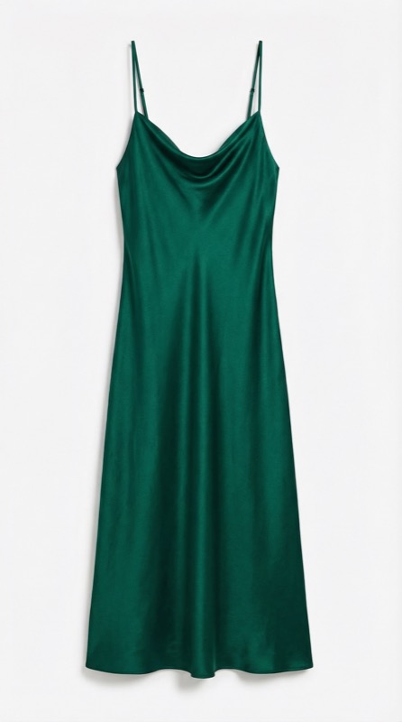 Green satin slip dress flat-lay